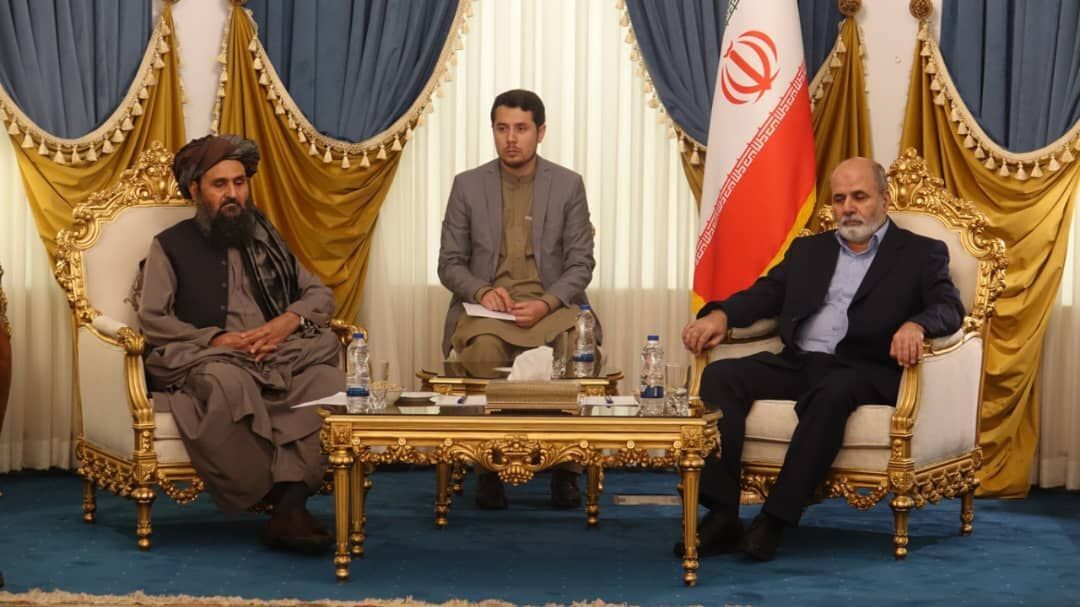 Afghanistan’s First Deputy Prime Minister for Economic Affairs Abdul Ghani Baradar (left) and Ali-Akbar Ahmadian, the Secretary of the Supreme National Security Council in Tehran on November 5, 2023 