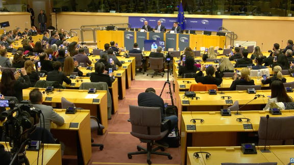 Prince Reza Pahlavi speaking at the European parliament in the Belgian capital Brussels on March 1, 2023