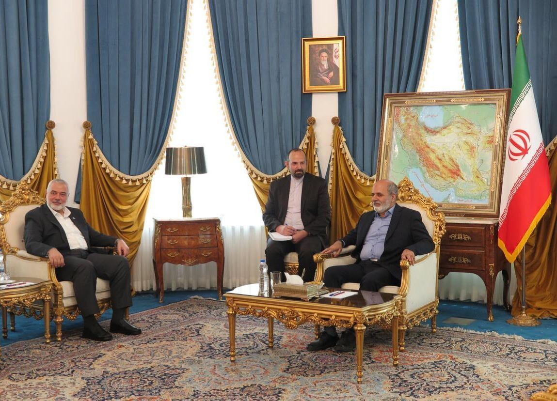 Hamas leader Ismail Haniyeh (left) during a meeting with Ali Akbar Ahmadian, the secretary of Iran’s Supreme National Security Council in Tehran on June 19, 2023  