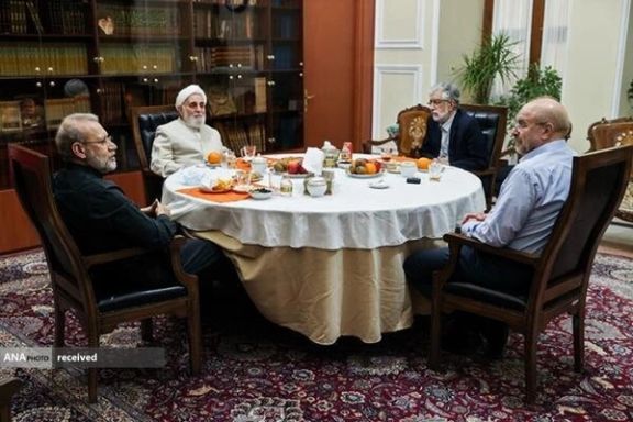 Former parliament speakers Ali Larijani (left), Ali Akbar Nategh-Nouri (2nd left), Gholam-Ali Haddad-Adel (3rd left) and incumbent Mohammad-Bagher Ghalibaf during a meeting in April 2023