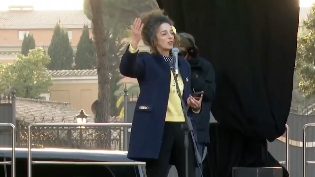 Women’s rights activist Masih Alinejad speaking during a rally in Rome on February 22, 2023  
