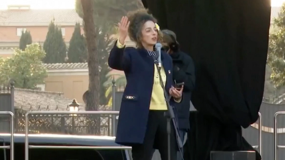 Women’s rights activist Masih Alinejad speaking during a rally in Rome on February 22, 2023