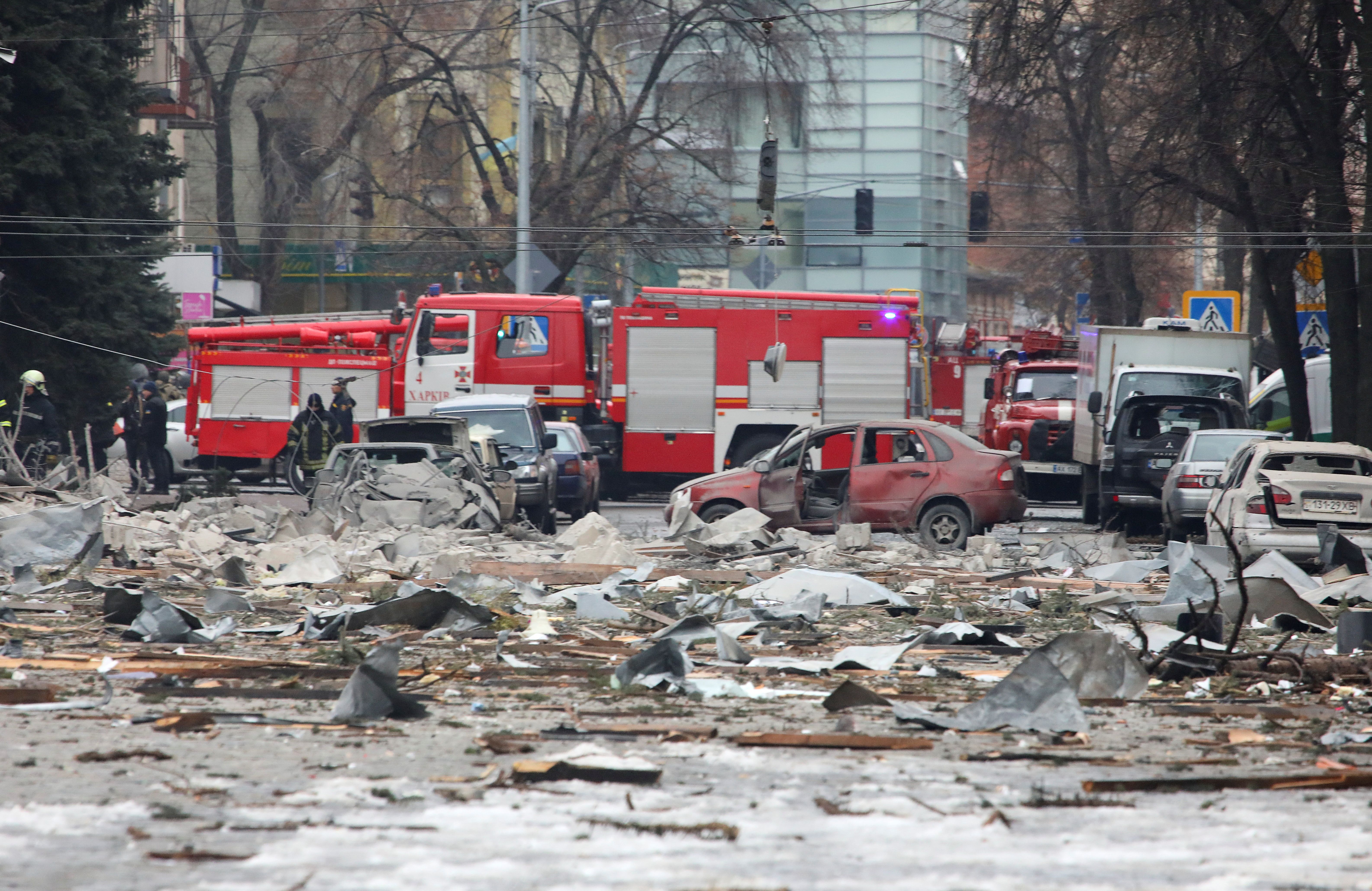 A view shows the area near the regional administration building, which city officials said was hit by a missile attack, in central Kharkiv, March 1, 2022.