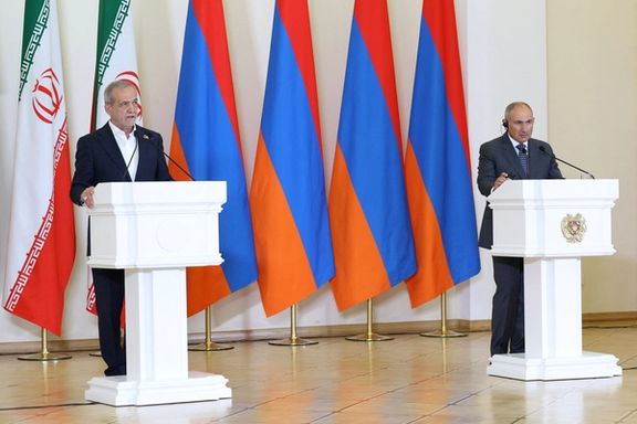Armenian Prime Minister Nikol Pashinyan and Iranian President Masoud Pezeshkian address the media following their talks in Yerevan, Armenia, August 19, 2025.