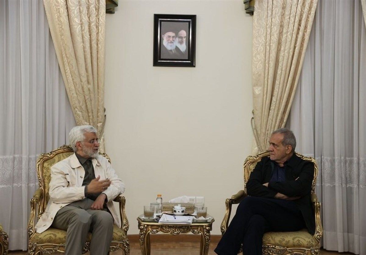 Saeed Jalili (left) and President-elect Masoud Pezeshkian during a meeting in Tehran on July 6, 2024
