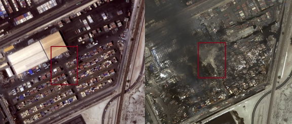 کانون انفجار مقابل ساختمان اداری شرکت توسعه خدمات دریایی و بندری سینا در مقایسه با عکسی که یک ماه قبل از انفجار از محل گرفته شده