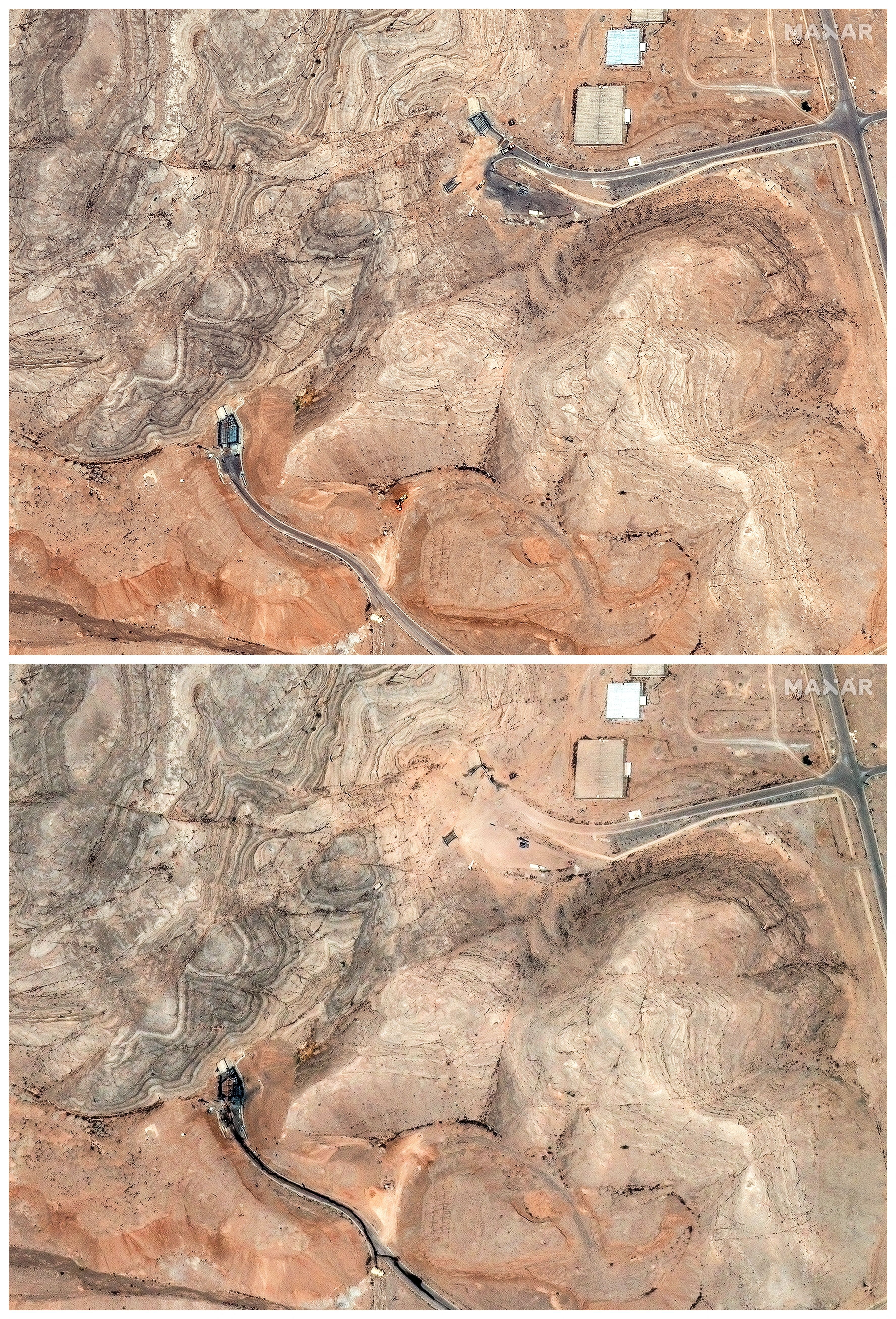 A combination picture shows satellite views of tunnel entrances to the Isfahan Nuclear Technology Research Center before and after being hit by US airstrikes amid the Iran-Israel conflict, in Isfahan, Iran, June 20, 2025 (above), and June 22, 2025. Maxar Technologies/Handout via REUTERS 