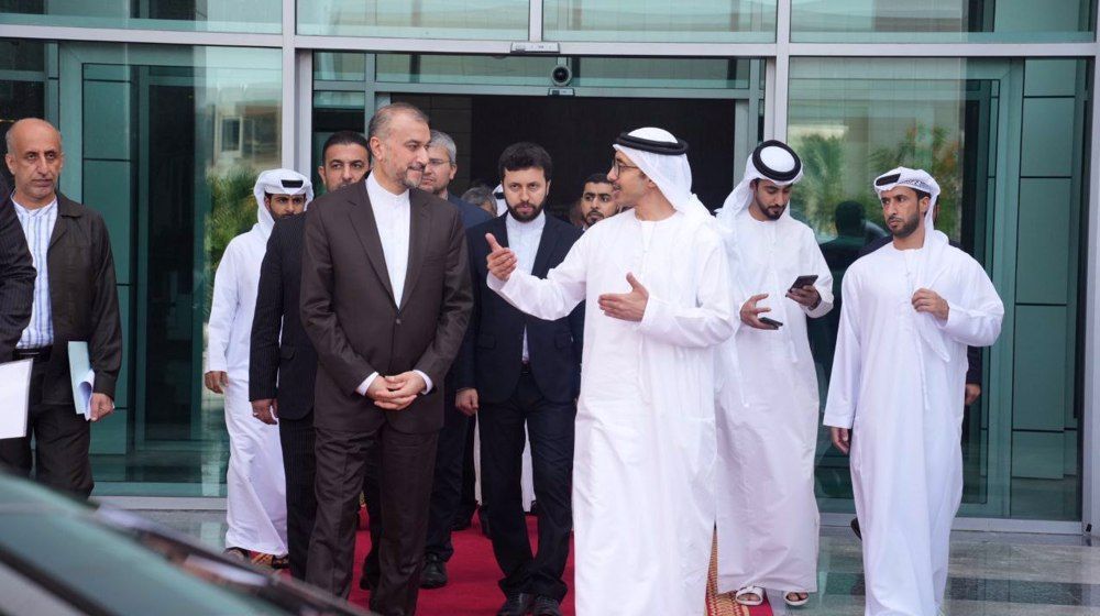 Iranian Foreign Minister Hossein Amir-Abdollahian (left) and his Emirati counterpart Sheikh Abdullah bin Zayed Al Nahyan in Abu Dhabi, the United Arab Emirates, on June 22, 2023