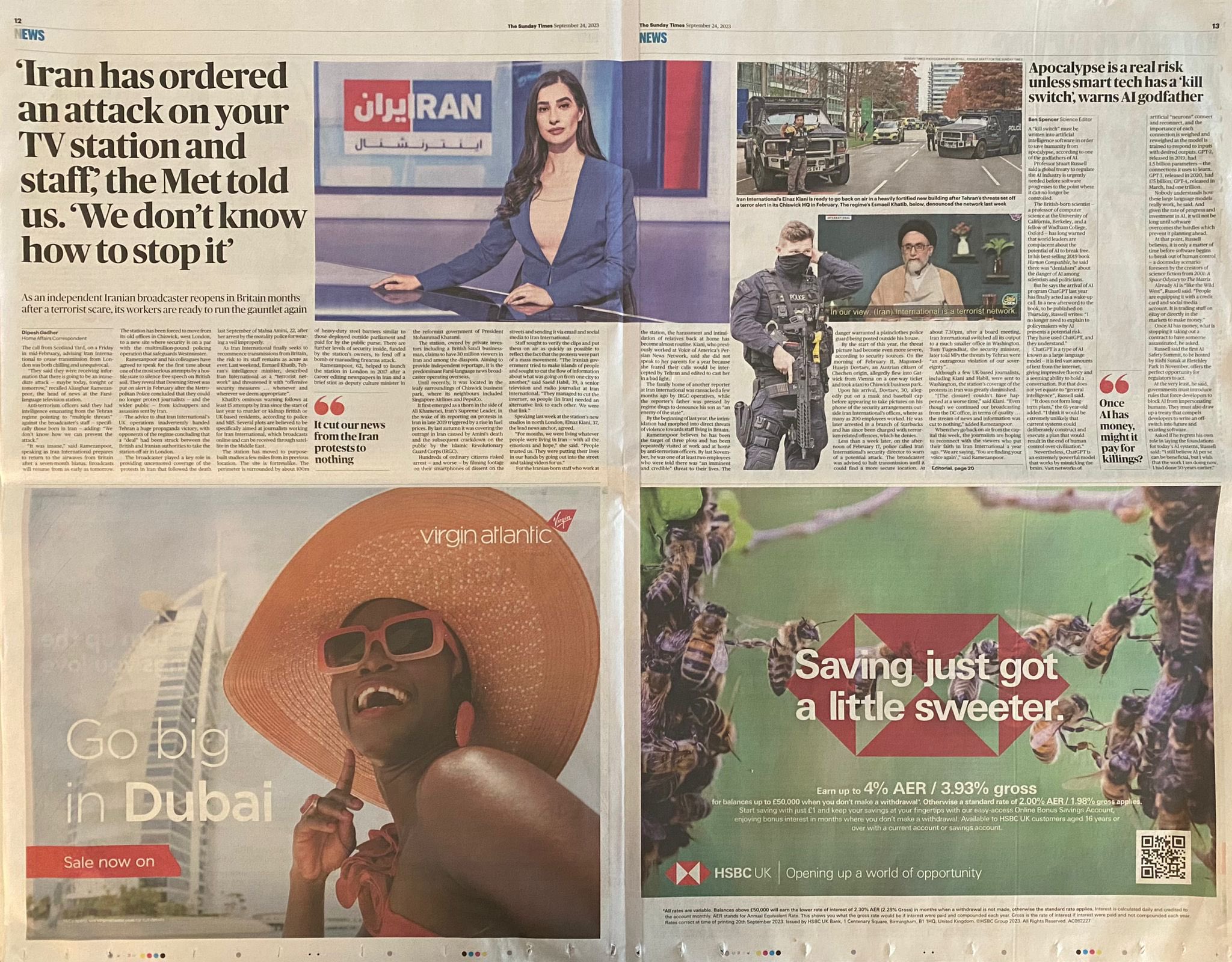 The Sunday Times featuring an article about the threats against Iran International  