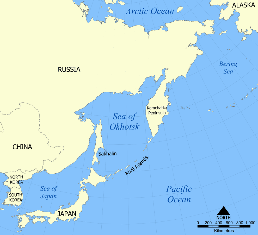 Location of the Kuril Islands in the Western Pacific between Japan and the Kamchatka Peninsula of Russia 