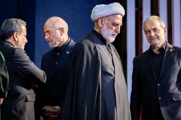 Senior Iranian officials attend the funeral of slain supreme leader Ali Khamenei. From left to right: foreign minister Abbas Araghchi, parliament speaker and lead negotiator Mohammad Bagher Ghalibaf, chief justice Gholamhossein Mohseni Eejei, and president Masoud Pezeshkian, July 4, 2026