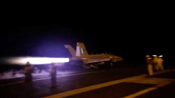 An aircraft takes off to join the US-led coalition to conduct air strikes against military targets in Yemen, aimed at the Iran-backed Houthi militia that has been targeting international shipping in the Red Sea. (January 2024)