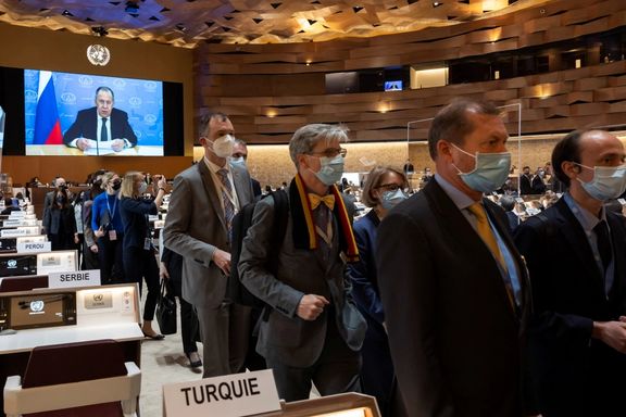 Diplomats walk out of UN human rights meeting in Geneva as as a taped message from the Russian foreign minister begins playing. March 1, 2022