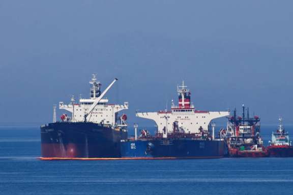 The Liberian-flagged oil tanker Ice Energy transfers crude oil from the Iranian-flagged oil tanker Lana (former Pegas), off the shore of Karystos, on the Island of Evia, Greece, May 26, 2022.