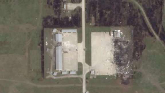 Satellite image released on June 23, showing the aftermath of an attack on a Russian warehouse, used for launching Iranian-made drones and training military cadets.