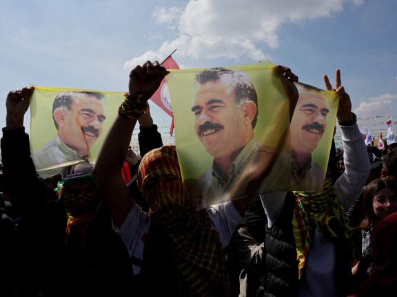 Supporters of pro-Kurdish Peoples' Equality and Democracy Party (DEM Party) display flags with a portrait of jailed Kurdistan Workers Party (PKK) leader Abdullah Ocalan