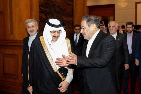 Saudi Minister of State and National Security Adviser Musaed bin Mohammed Al-Aiban, meets the Iranian Rear Admiral Ali Shamkhani, the secretary of the Supreme National Security Council, in Beijing, China, March 10, 2023.