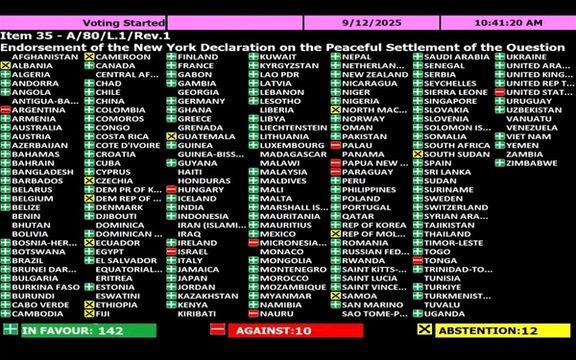 مجمع عمومی سازمان ملل اعلامیه راهحل دو کشوری را با اکثریت آرا تصویب کرد