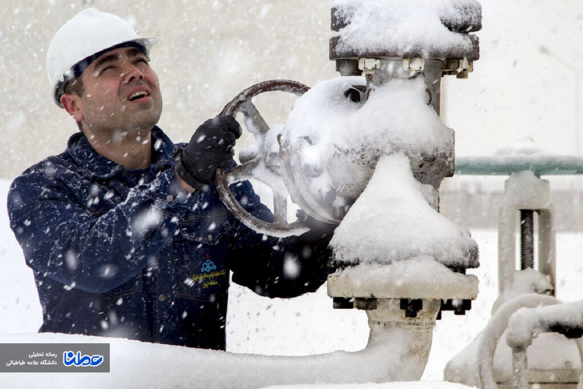An Iranian energy worker adjusts a valve amid heavy snowfall, highlighting the challenges of maintaining gas flow during winter months. (Undated)