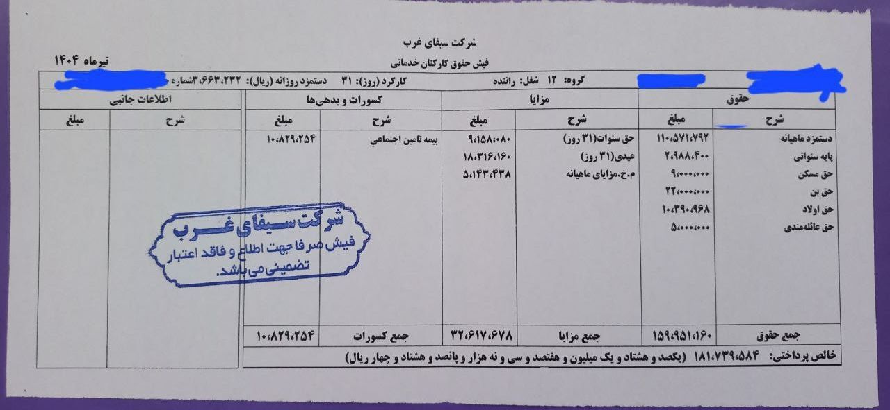 نمونه‌ای از فیش حقوقی رانندگان