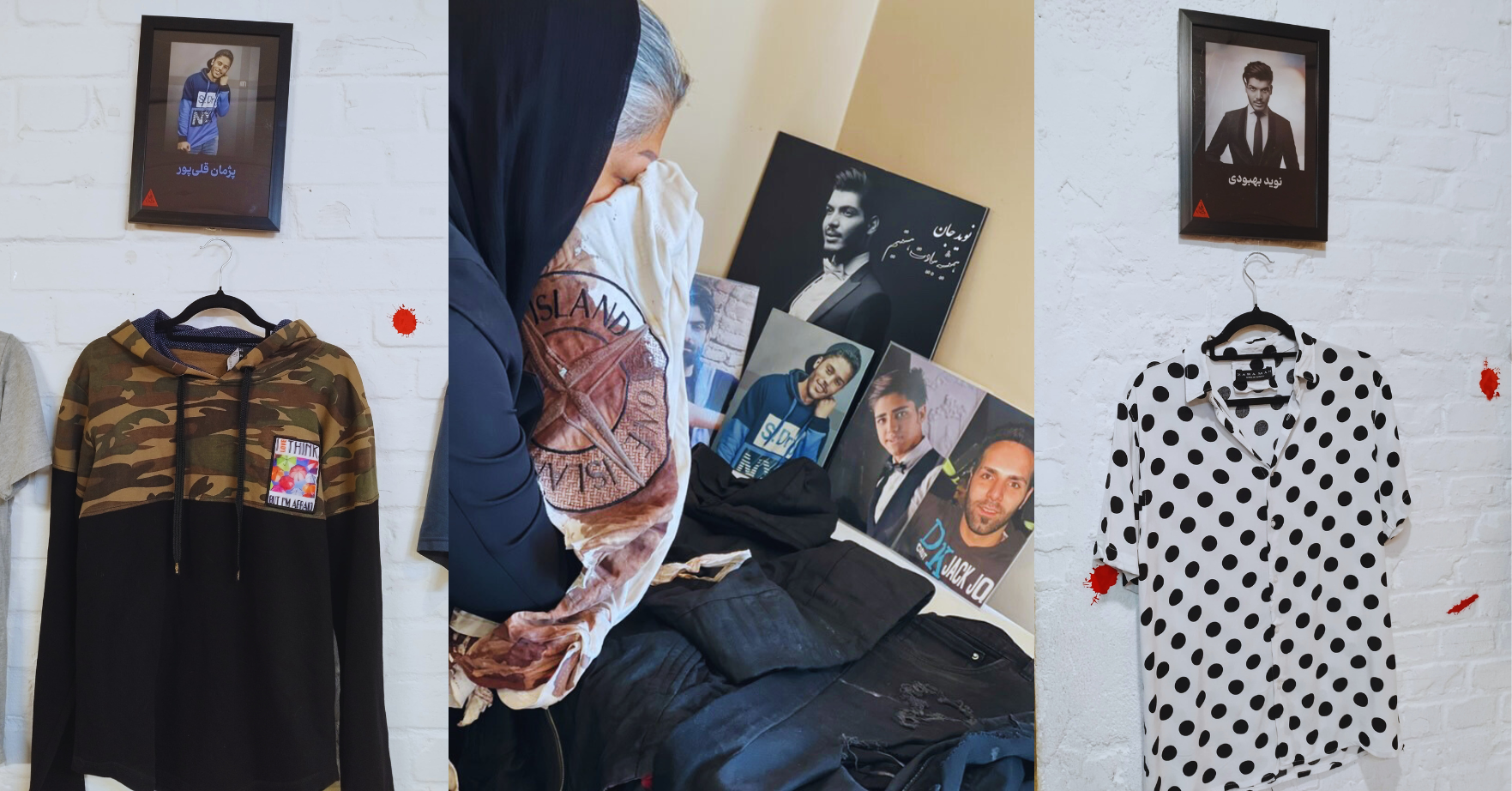 A composite photo of the hoodie worn by slain protester Pezhman Gholipour on display, alongside an image of his mother, Mahboubeh Ramezani, holding the bloodstained shirt he wore during the protests when he was shot and killed, with the shirt worn by slain protester Navid Behboudi also displayed.