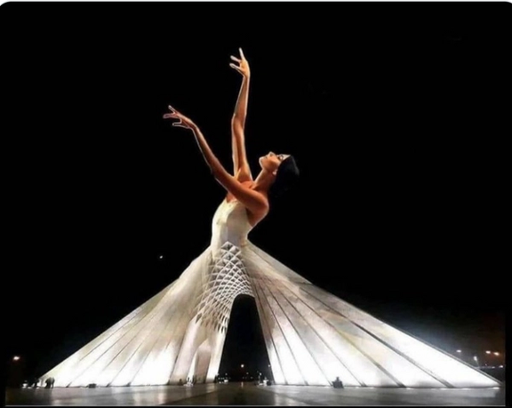 An artwork created from the photomontage of Tehran’s Azadi tower and a ballerina (March 2023)