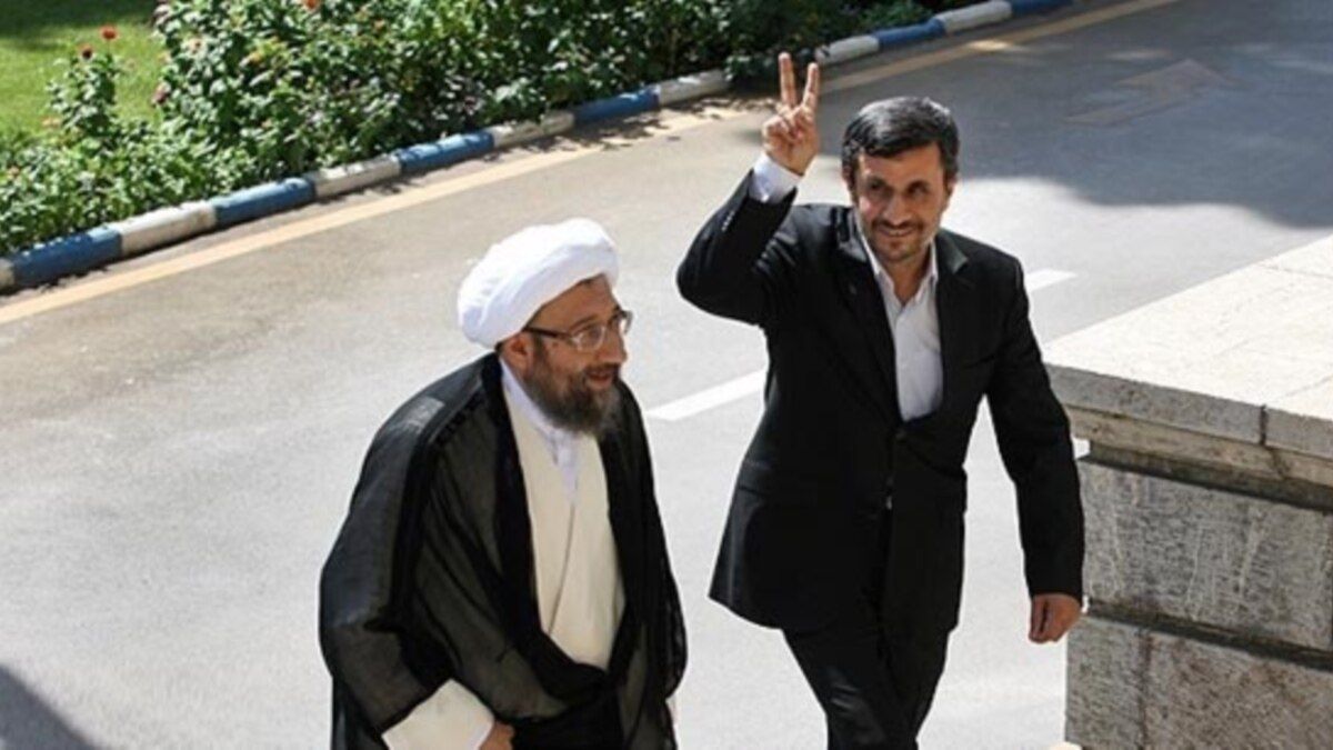 Sadeq Amoli Larijani (right), Iran’s current chairman of Expediency Discernment Council and former chief Justice, and former president Mahmoud Ahmadinejad   (undated)