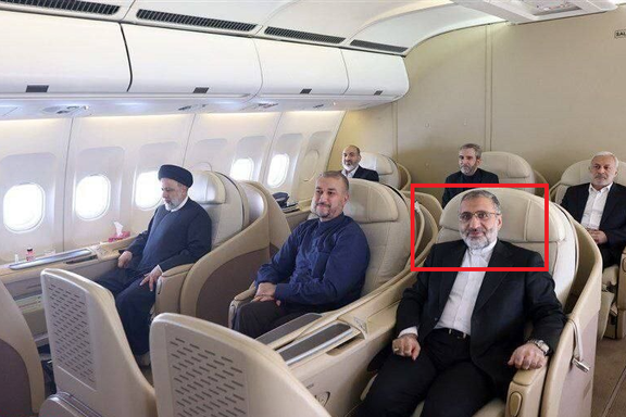 The chief of staff of Iran’s president, Gholam-Hossein Esmaili, (inside a red triangle) is seen with other members of Ebrahim Raisi’s delegation in his trip to New York DC.