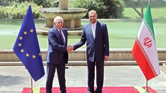 European Union’s foreign policy chief, Josep Borrell (left), and Iran's Foreign Minister Hossein Amir-Abdollahian in Tehran on June 25, 2022