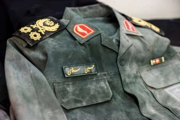 A uniform said to have been worn by Revolutionary Guards Corps Chief Commander Hossein Salami at the time of his death