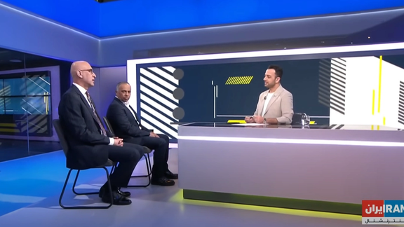 Iran International directors Mehdi Parpanchi (L) and Aliasghar Ramezanpour with Pouria Zeraati during his TV show on April 5, 2024