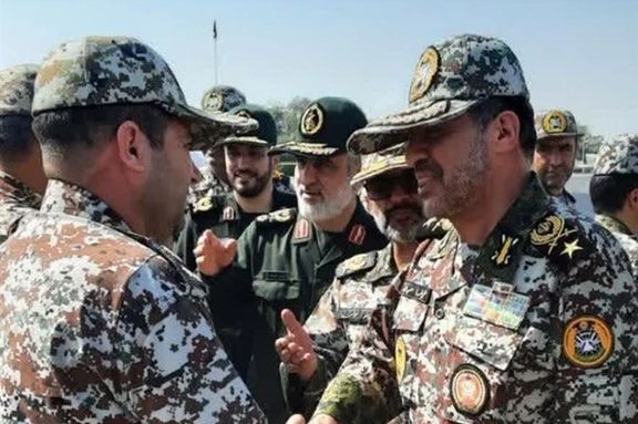 The commander of Iran's Joint Air Defense Headquarters Alireza Sabahifard Amir meets with Ali Hajizadeh, the commander of the Aerospace Division of the Revolutionary Guards.
