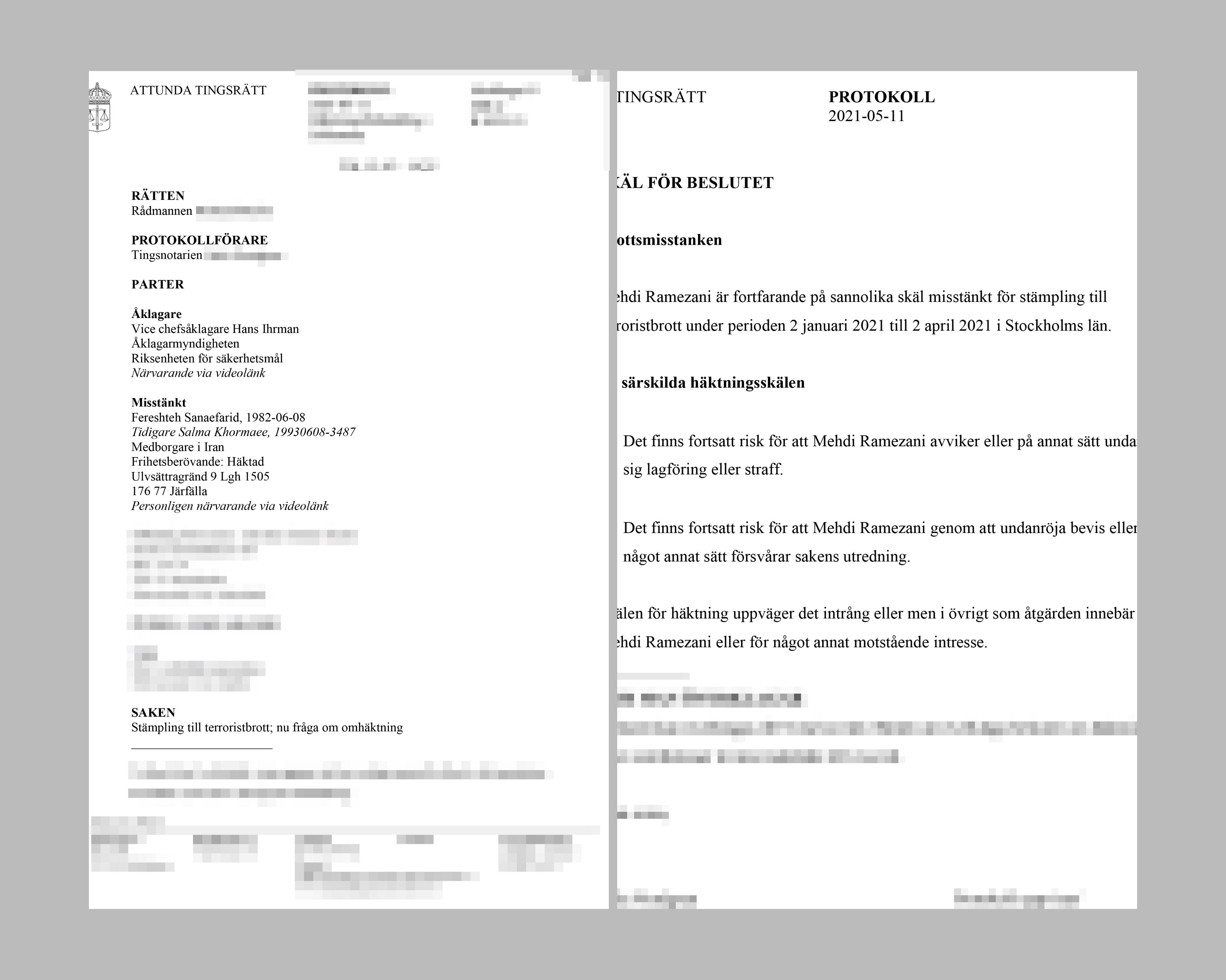 Swedish documents related to the two suspected deportees.