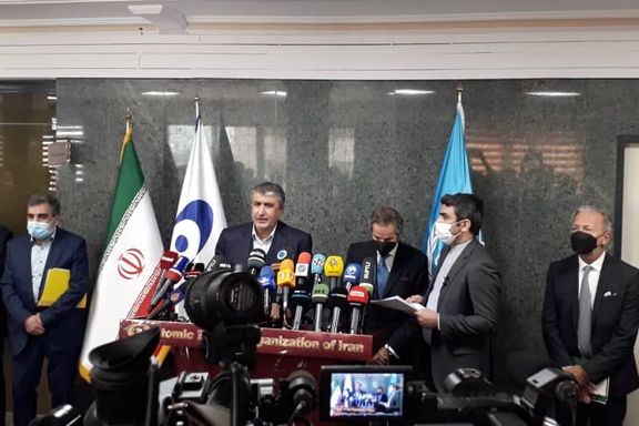 Iran's nuclear chief speaking during a joint press conference with IAEA's Rafael Grossi. November 23, 2021