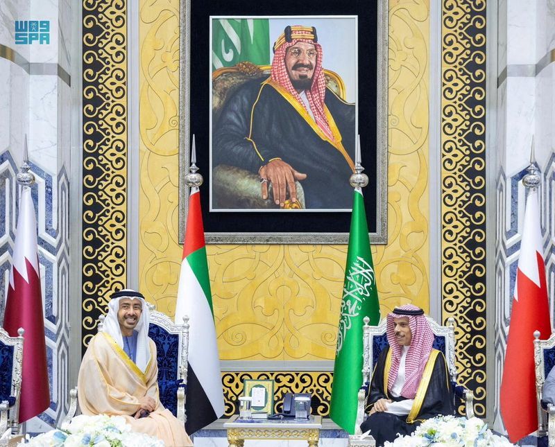 فیصل بن فرحان آل سعود، وزیر خارجه عربستان سعودی، و عبدالله بن زاید آل نهیان، وزیر خارجه امارات متحده عربی
