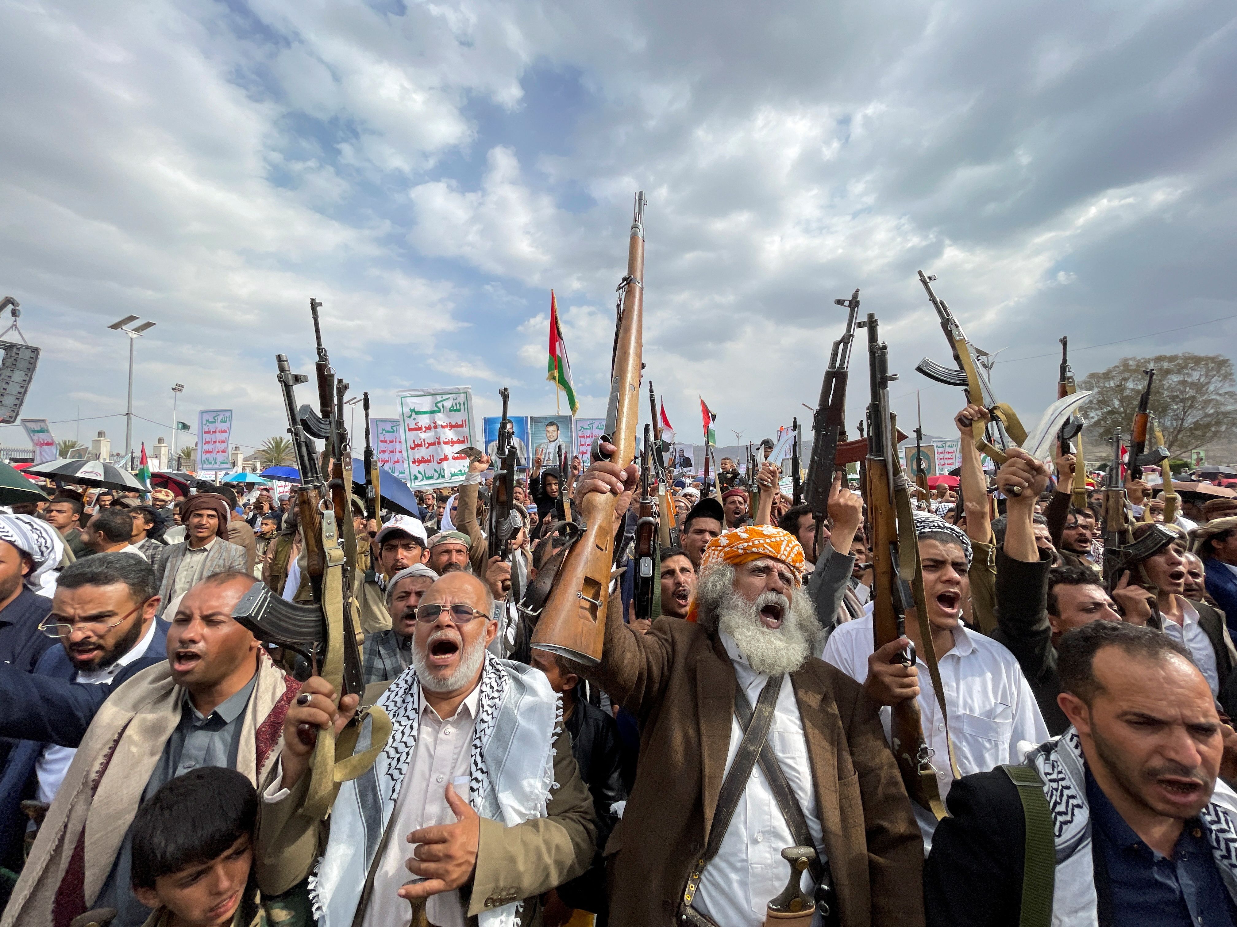 Houthi supporters rally to show support to the Palestinians in the Gaza Strip, in Sanaa, Yemen June 14, 2024. 