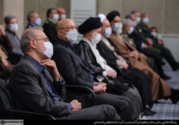 Some influential members of Iran's political elite listening to Supreme Leader ALi Khamenei,  April 12, 2022