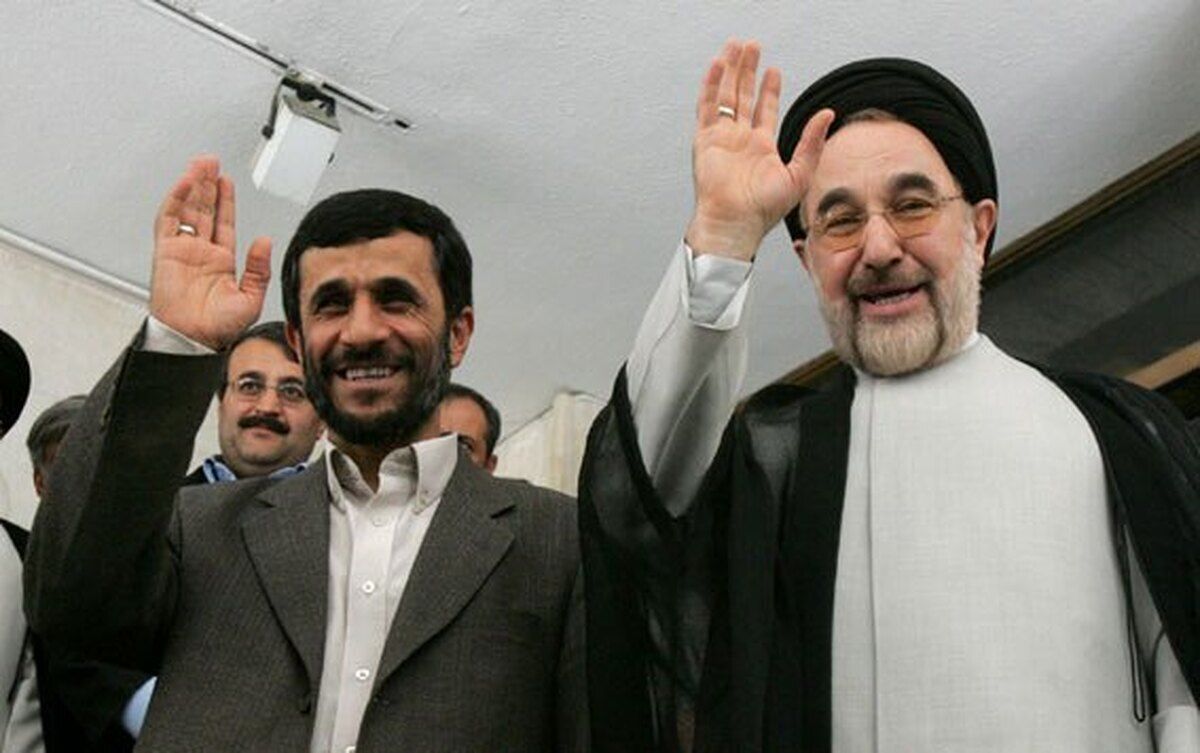 Former presidents Mahmoud Ahmadinejad (left) and Mohammad Khatami  