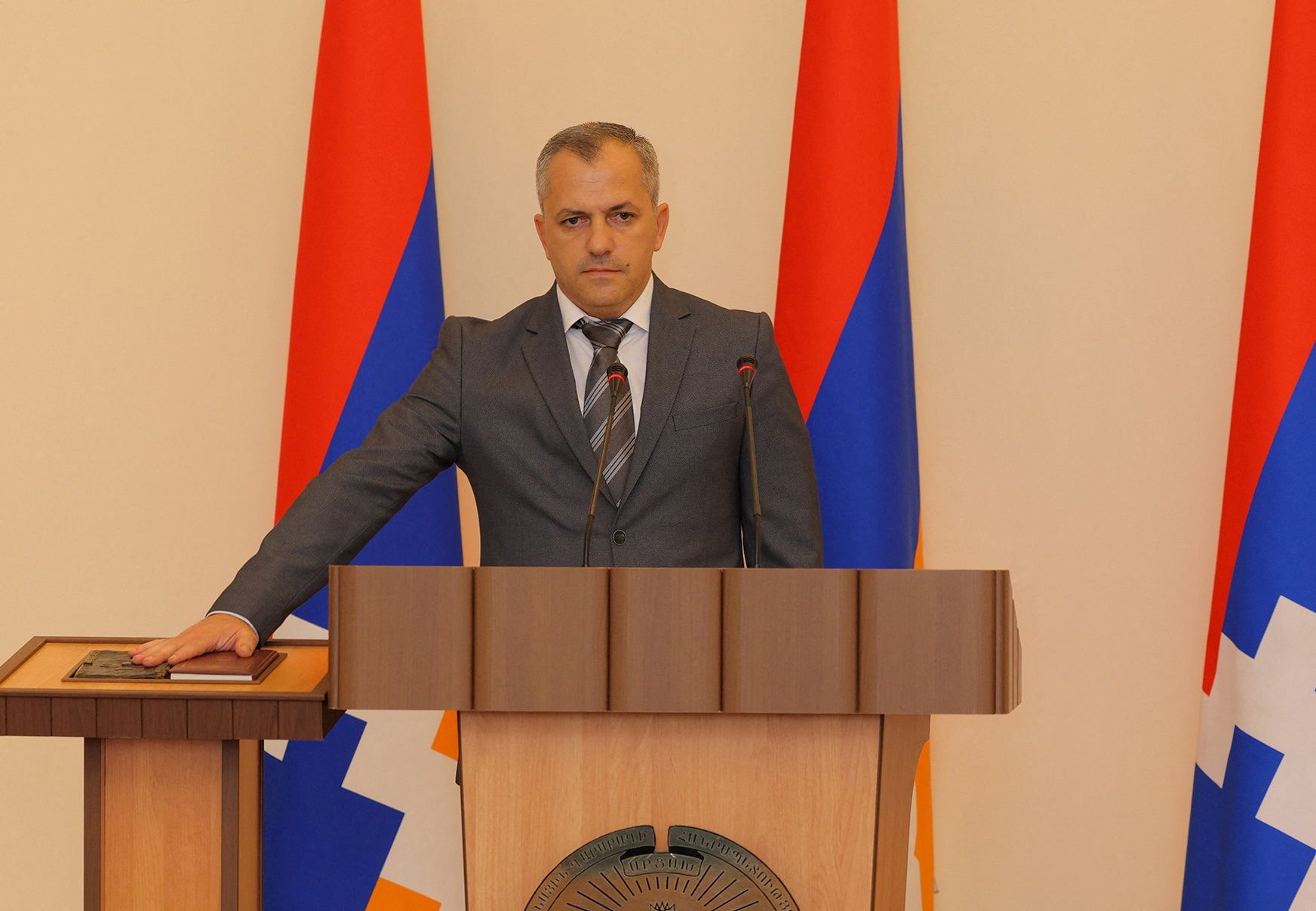 Samvel Shahramanyan, who was elected by the local parliament as the new president of Azerbaijan's breakaway region of Nagorno-Karabakh, attends the inauguration ceremony at the National Assembly of the Republic of Artsakh, in Stepanakert in the region of Nagorno-Karabakh, September 10, 2023.