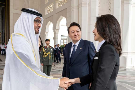 Sheikh Mohamed bin Zayed Al Nahyan, President of the UAE, receives Yoon Suk Yeol, President of South Korea and Kim Keon-hee, First Lady of South Korea, upon their arrival for a state visit reception in Abu Dhabi, United Arab Emirates, January 15, 2023.
