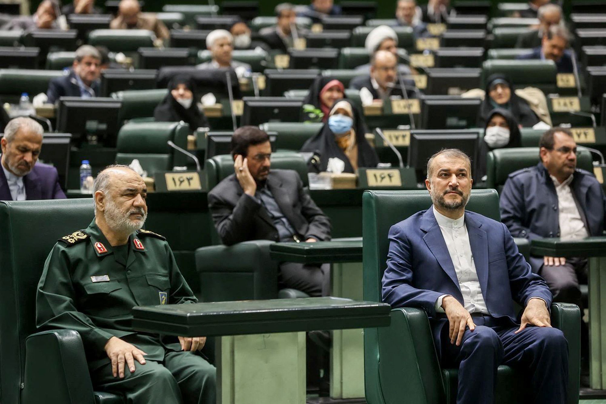Foreign minister Hossein Amir-Abdollahian and IRGC commander Hossein Salami in parliament on January 22, 2023