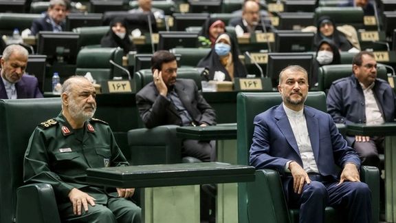 Foreign minister Hossein Amir-Abdollahian and IRGC commander Hossein Salami in parliament on January 22, 2023