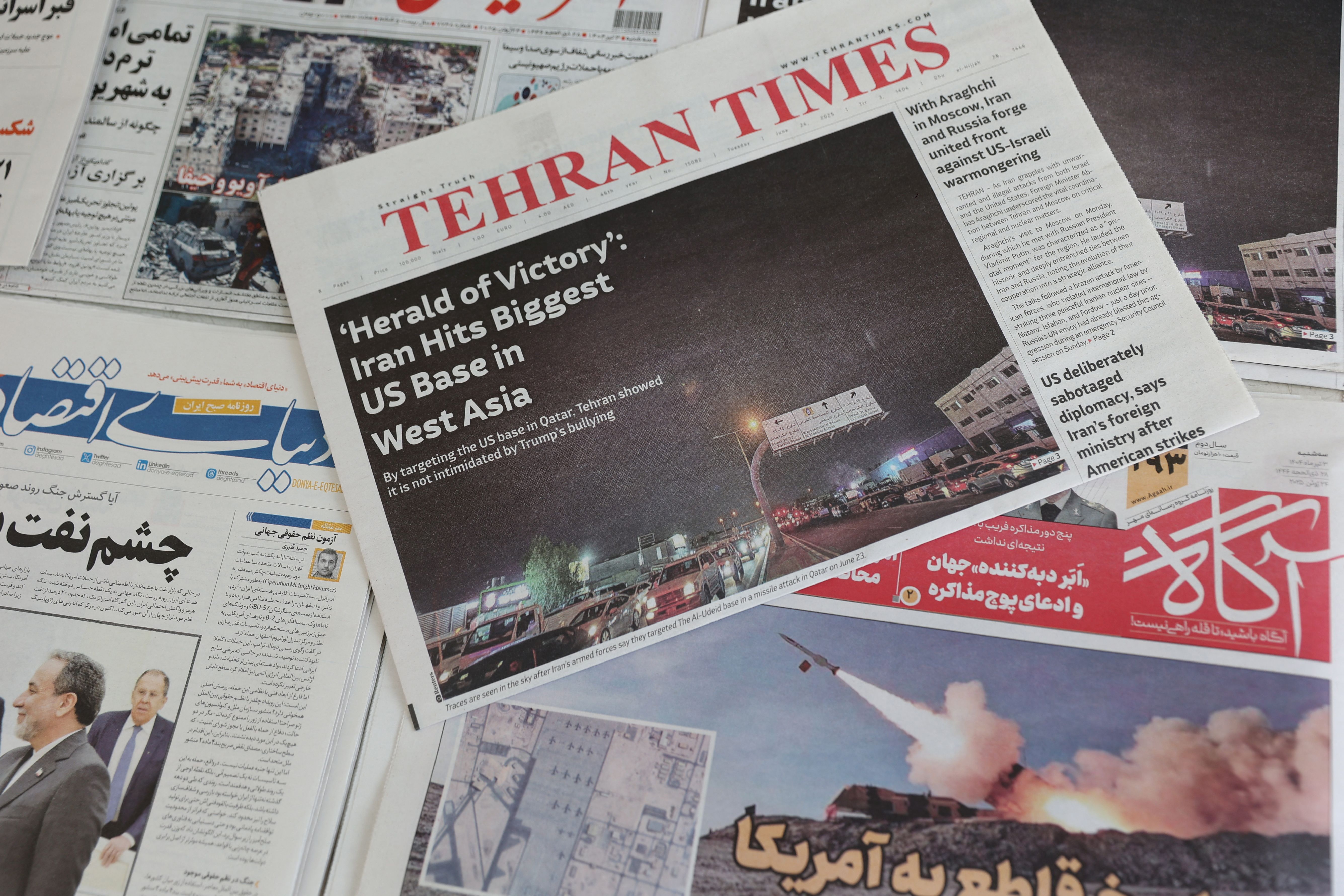 A view of Iranian newspapers, during early hours of ceasefire, in Tehran, Iran, June 24, 2025.