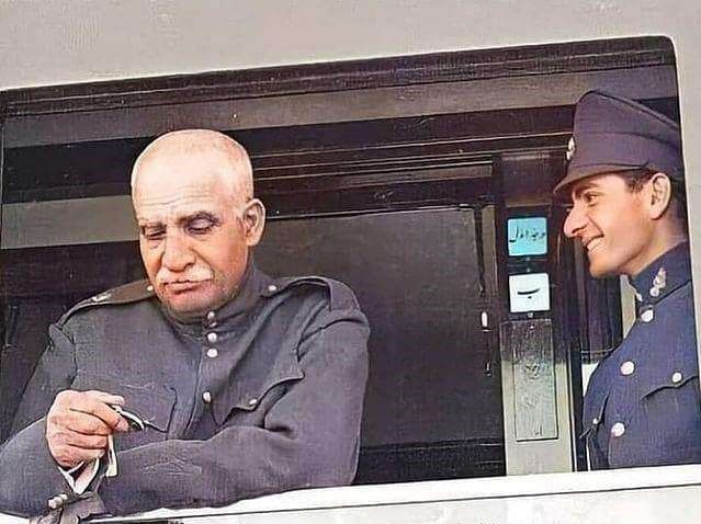 Reza Shah on the inauguration of Iran's railways in 1938, with the crown prince next to him