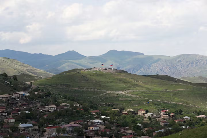 A view shows the positions of the Armenian and Azerbaijani armies on the heights above the village of Khnatsakh in Syunik Province, Armenia May 13, 2025.