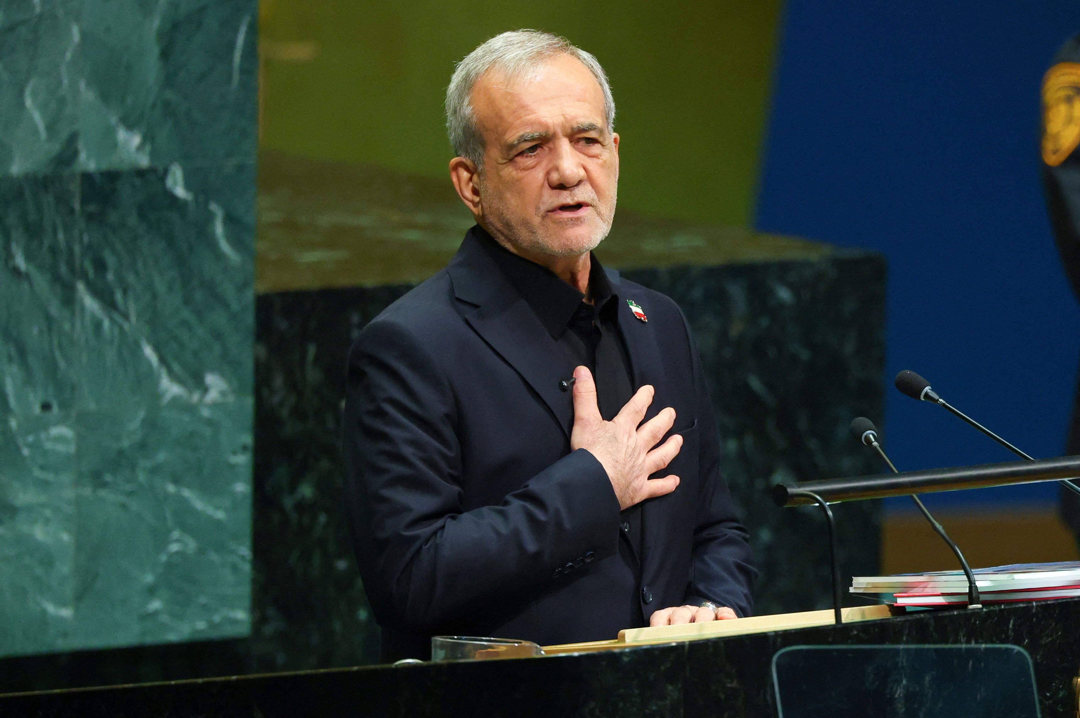 Iran's President Masoud Pezeshkian addresses the 81st United Nations General Assembly (UNGA) at UN headquarters in New York City, US, September 23, 2026.