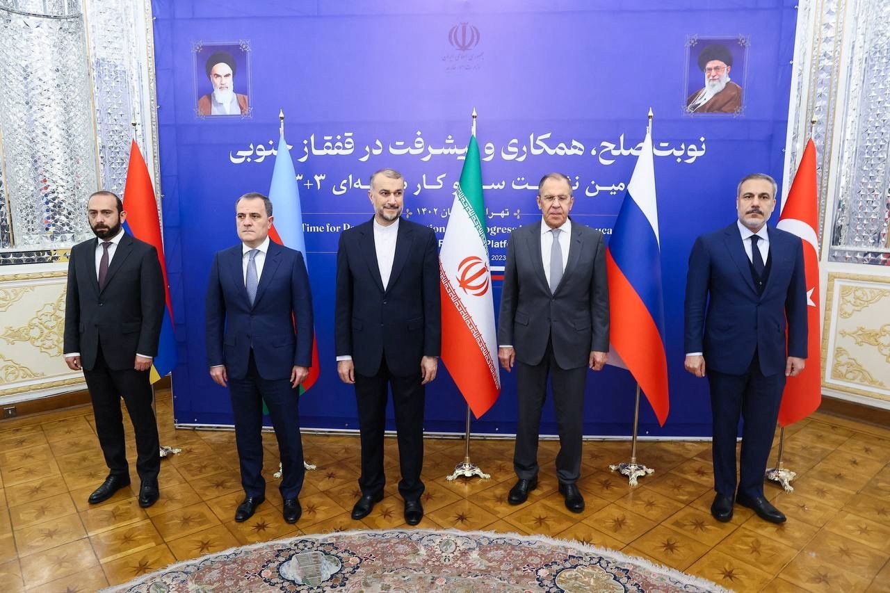 (From left) Armenian Foreign Minister Ararat Mirzoyan, Azerbaijan's Jeyhun Bayramov, Iran's Hossein Amir-Abdollahian, Russia's Sergei Lavrov and Turkey’s Hakan Fidan in Tehran on October 23, 2023  