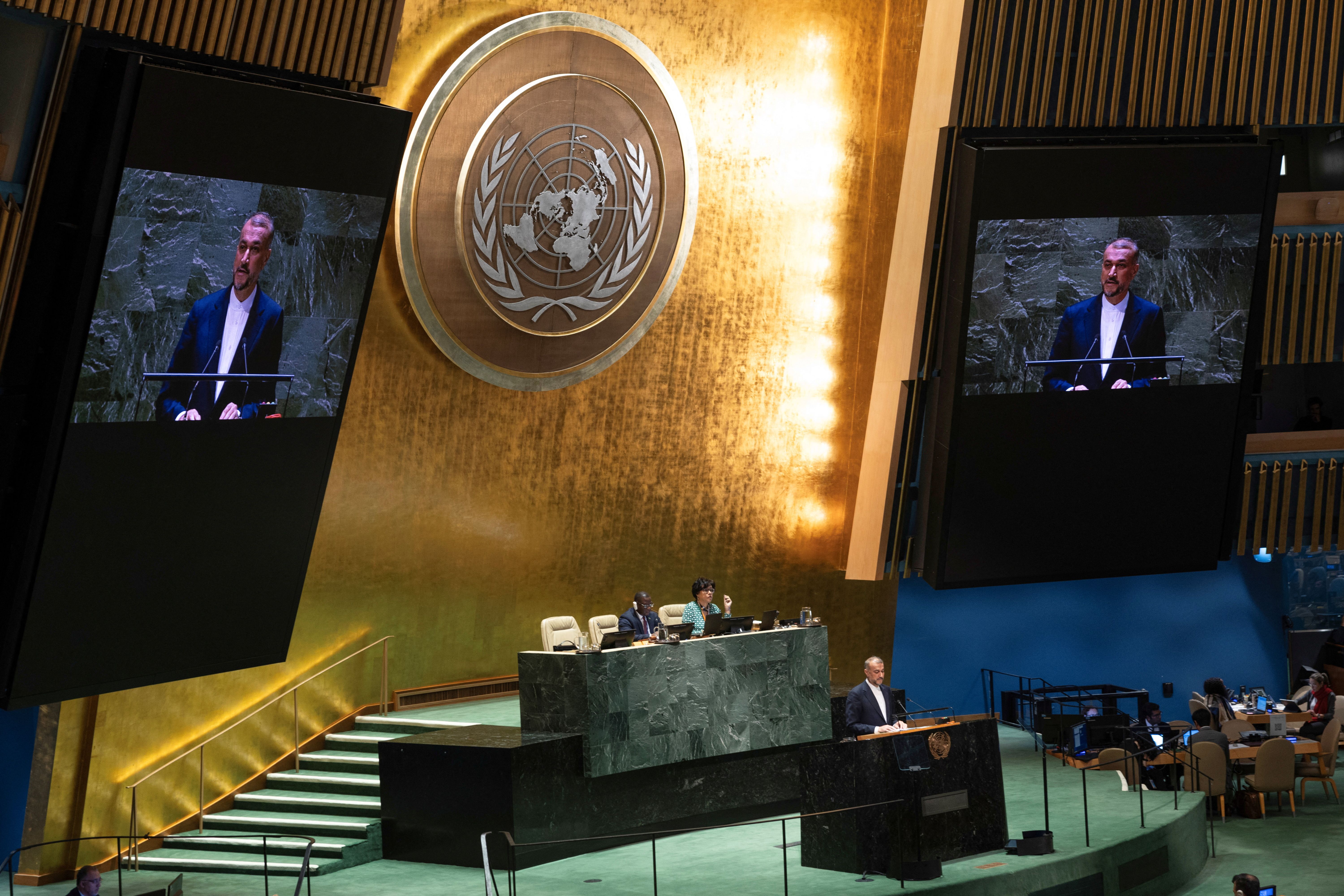 Iranian Foreign Minister Hossein Amir-Abdollahian speaks to an emergency special session of the United Nations General Assembly on the ongoing conflict between Israel and Hamas at UN headquarters in New York City, October 26, 2023. 