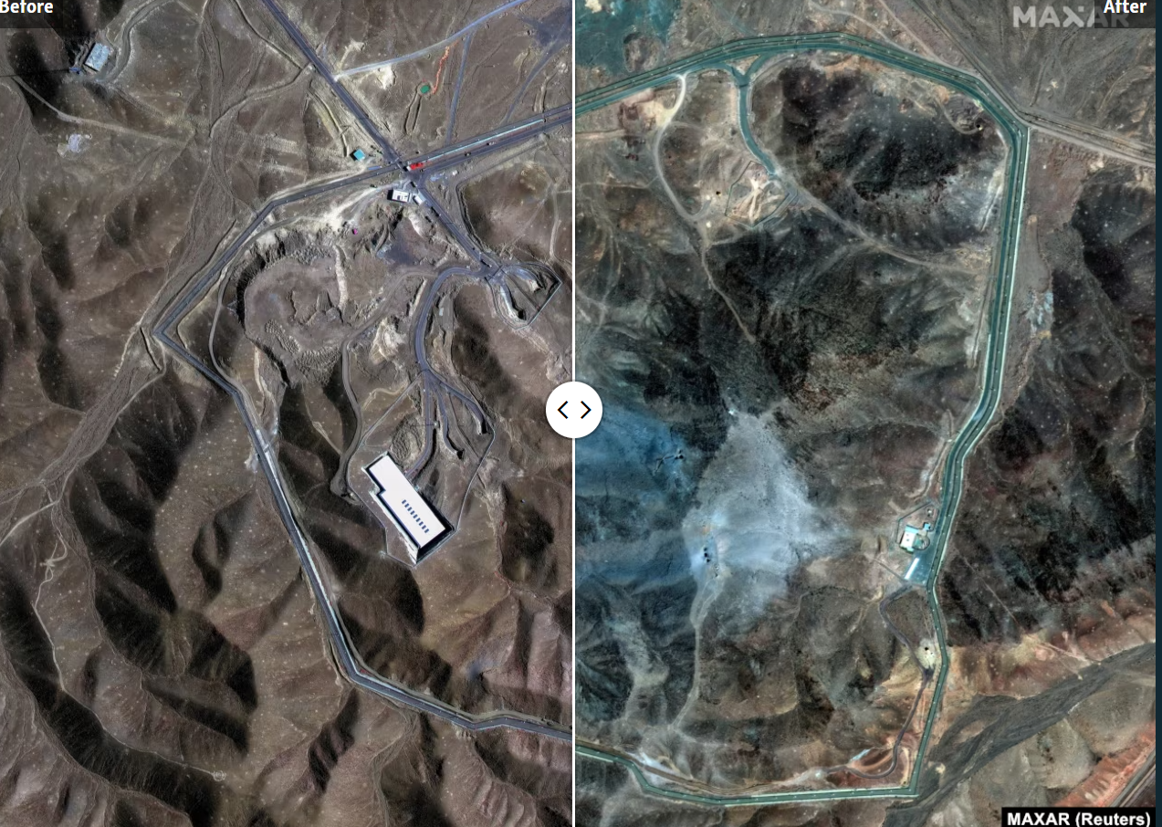 A satellite view of the Fordow underground complex before and after the US struck the nuclear facility near Qom on June 22.