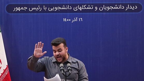 A student representative addressing Ebrahim Raisi on Tuesday, December 7, 2021